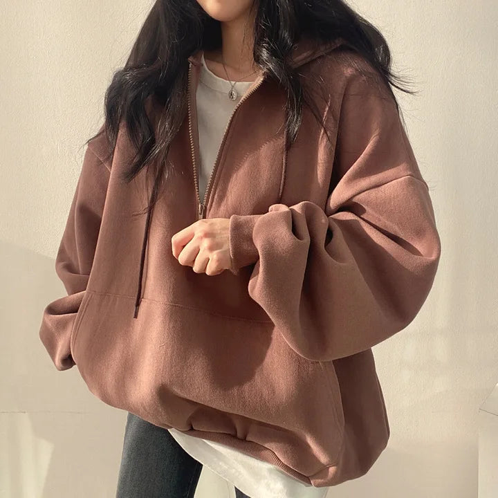 Women Hoodie Loose Oversized Solid Color Half Zip Up Hoodie Sweatshirt Harajuku Female Casual Long Sleeve Pocket Hooded Pullover