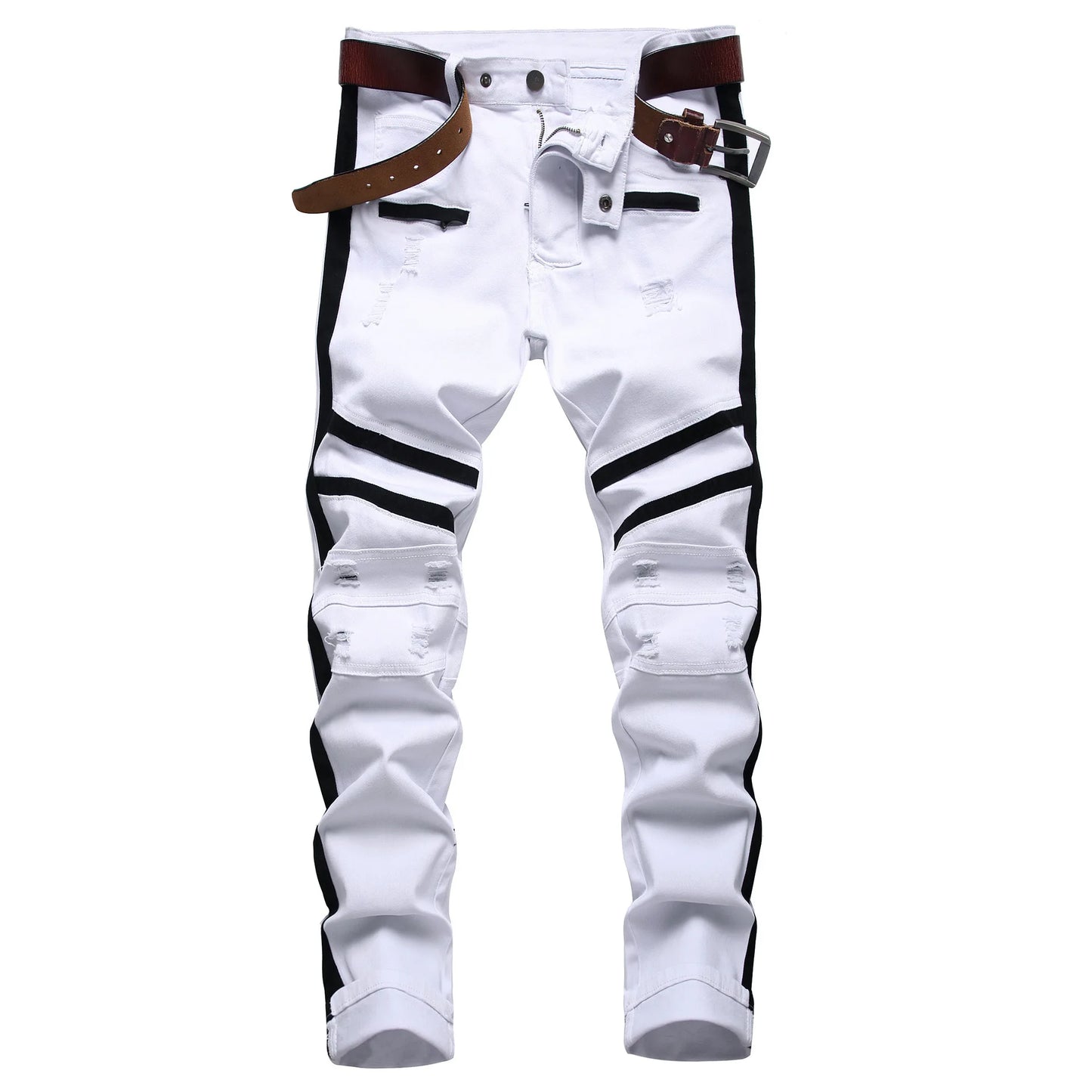 New White Men's Jeans Straight Denim Jeans with Zippers Contrast Color Stripe Male Pants Slim Plus Size Trousers