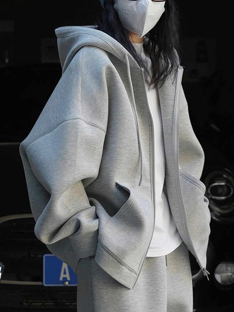 [LANMREM] Minimalism Solid Hooded Cardigan Sweatshirt For Women Drawstring Zipper Long Sleeve Loose Jackets 2025 Autumn New