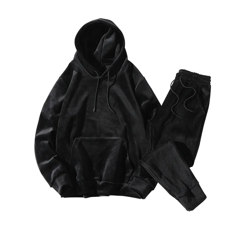 Men's Winter Warm Suit New Leisure Gold Velvet Hoodies with Pants Two Piece Double-Dided Velvet Tracksuit