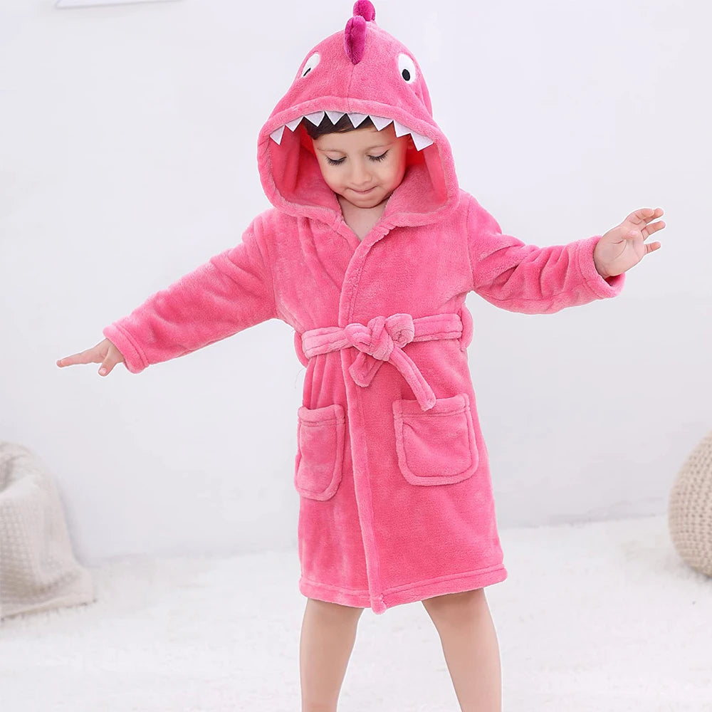 LOlanta Kids Plush Hooded Bathrobe Dinosaur Flannel Fleece Robe for Boys Girls Sleepwear Dressing Gown Gift