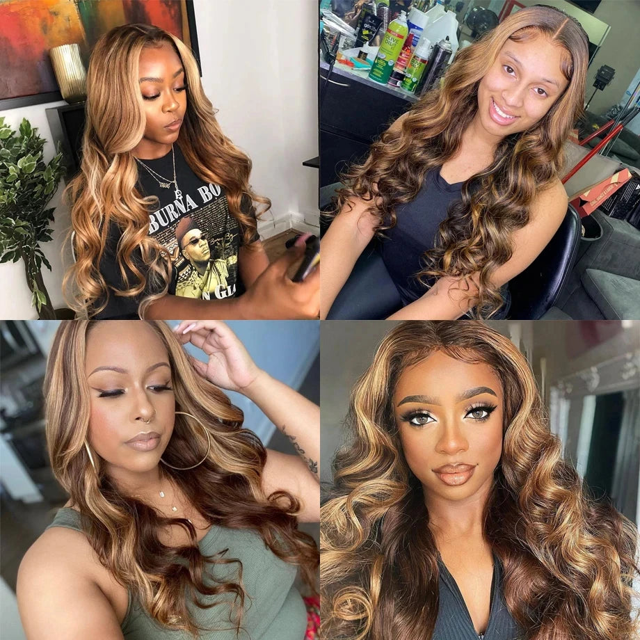 13x6 4/27 Highlight Body Wave HD Lace Frontal Wig 30 inch Curly 13x4 Transparent Lace Front Human Hair Lace Closure Wig