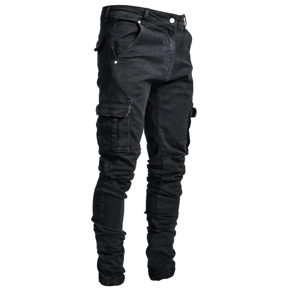 Fashion Streetwear Ripped Skinny Jeans Men Side Mulit Pockets Denim Cargo Pants Slim Fit Pantalones Hombre Soft Elastic Joggers