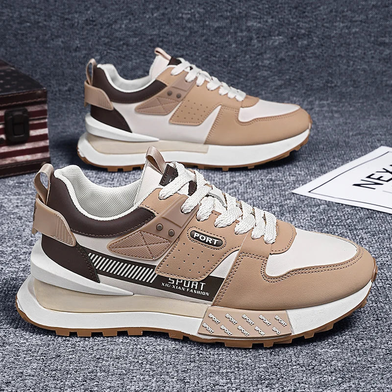 Chunky Sneakers Men Women Retro Running Shoes Fashion Casual Genuine Leather Fabric Breathable Height Increased Platform Shoes