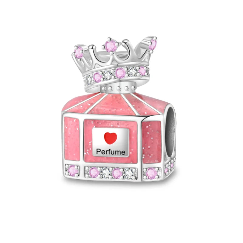 Original S925 Silver Romantic Pink Crown Perfume Bottle Charms Beads Fit Qikaola Bracelets Fine DIY Jewelry Valentine's Day Gift