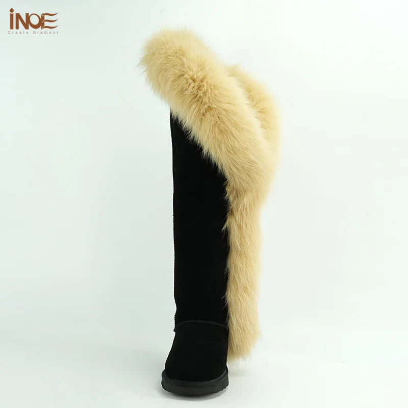 INOE Fashion Fox Fur Botas Real Cow Suede Leather Over The Knee Long Winter Snow Boots for Women Thigh Warm Shoes Black Brown