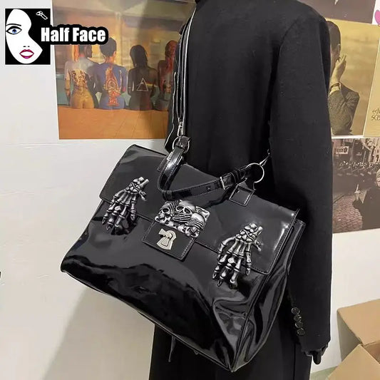 Y2K Girls Harajuku Women's Gothic Punk One Shoulder Design Lolita Large Capacity Lacquer Leather Hand Bone Crossbody Bags Tote