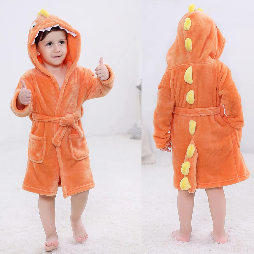 LOlanta Kids Plush Hooded Bathrobe Dinosaur Flannel Fleece Robe for Boys Girls Sleepwear Dressing Gown Gift