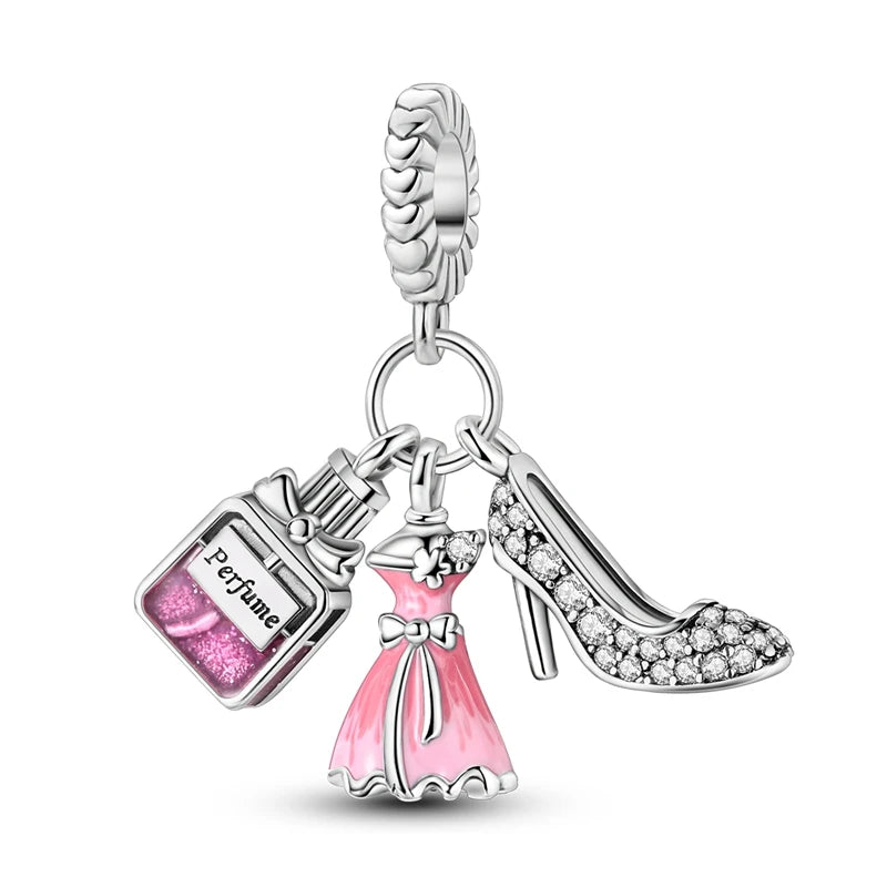 Original S925 Silver Romantic Pink Crown Perfume Bottle Charms Beads Fit Qikaola Bracelets Fine DIY Jewelry Valentine's Day Gift