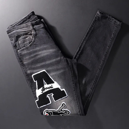 Streetwear Fashion Men Jeans Retro Black Gray Elastic Slim Fit Ripped Jeans Men Brand Patches Designer Hip Hop Denim Pants Homme