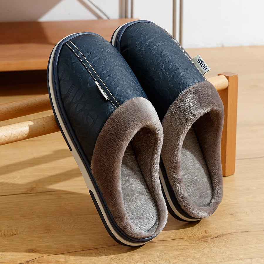Big Size Men's slippers Winter Indoor Waterproof PU Leather Large Sizes Home Cotton shoes Fur Flat Cotton Bedroom Houseshoes