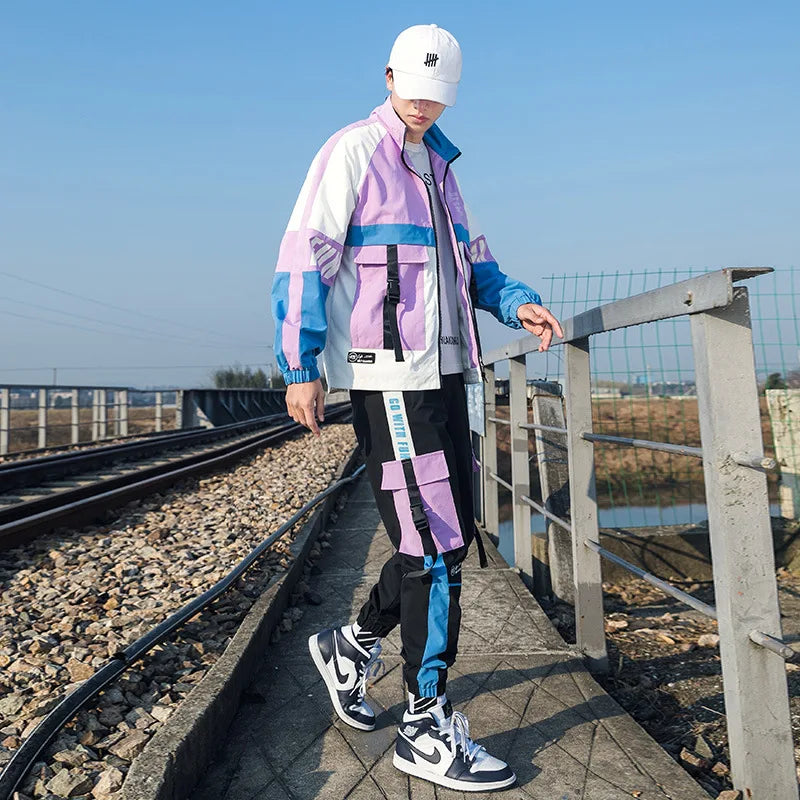 Paneled Contrast Cargo Tracksuit  2 Piece Set  Men Outfit Set  Spring and Autumn Mens Sweat Suits Korean Style Fashion Clothes