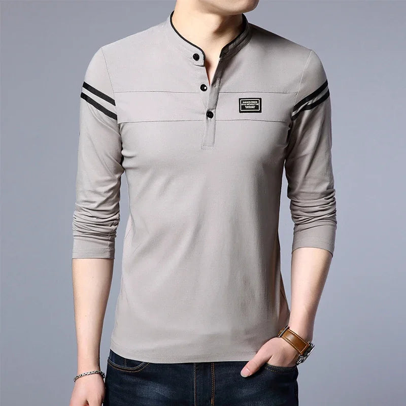 Men's Fashion Long sleeved POLO Shirt Casual Cotton Breathable Top Stand up Collar Korean Comfortable T-shirt Top