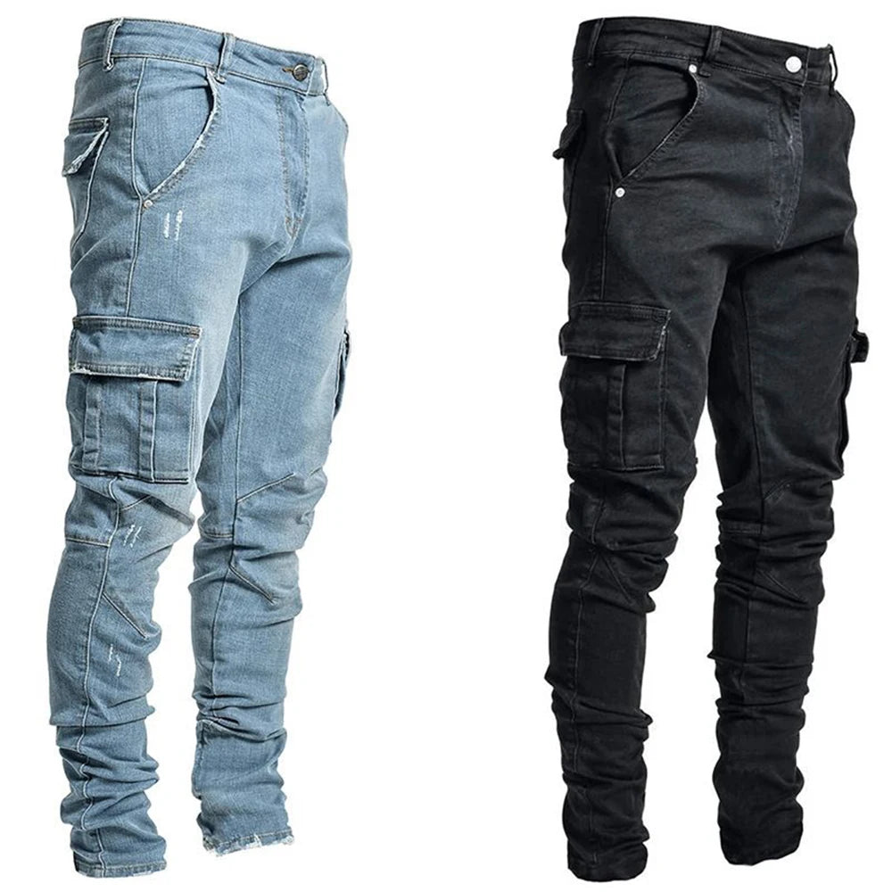 Fashion Streetwear Ripped Skinny Jeans Men Side Mulit Pockets Denim Cargo Pants Slim Fit Pantalones Hombre Soft Elastic Joggers