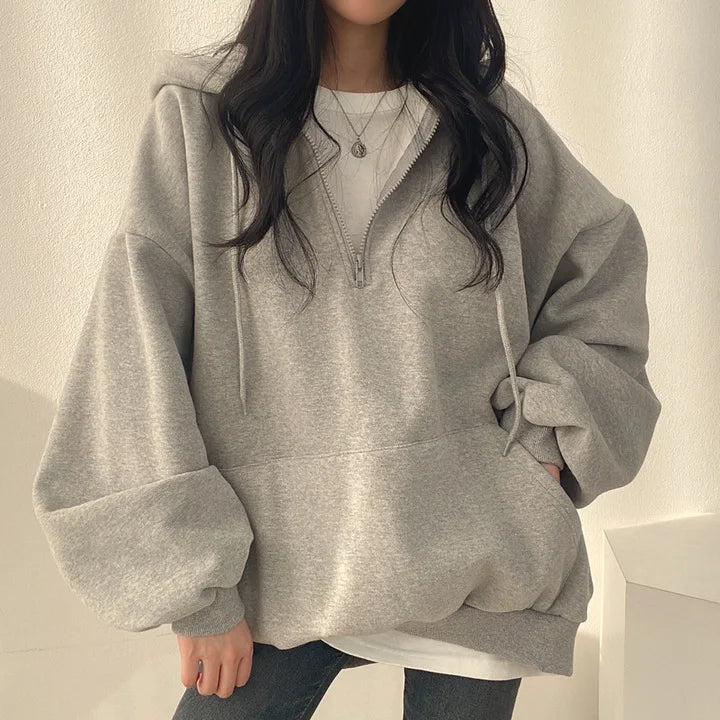 Women Hoodie Loose Oversized Solid Color Half Zip Up Hoodie Sweatshirt Harajuku Female Casual Long Sleeve Pocket Hooded Pullover