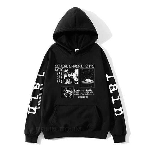 Serial Experiments Lain Hoodies Mens Long Sleeve Sweatshirts Japan Anime Graphic Printed Pullovers Manga Cartoon Gothic Hoodies
