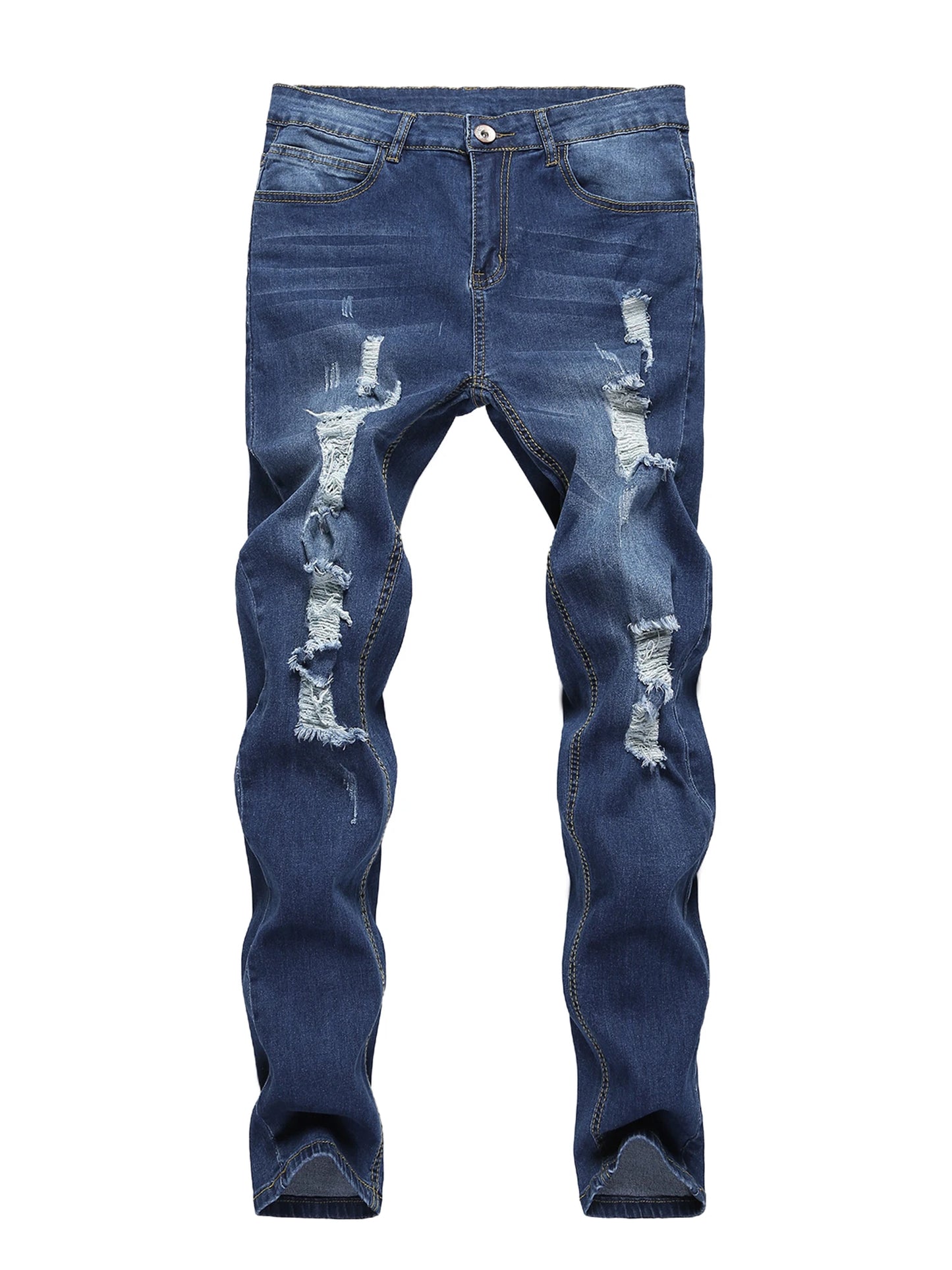 Men Jeans Skinny Ripped Denim Gray Blue Hole with Pocket Button Down Pencil Trousers New Fashion Male Streetwear