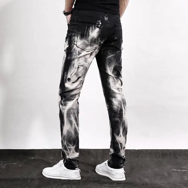 New Men's fashion wolf  printed jeans men slim straight Black stretch jeans high quality designer pants nightclubs singers