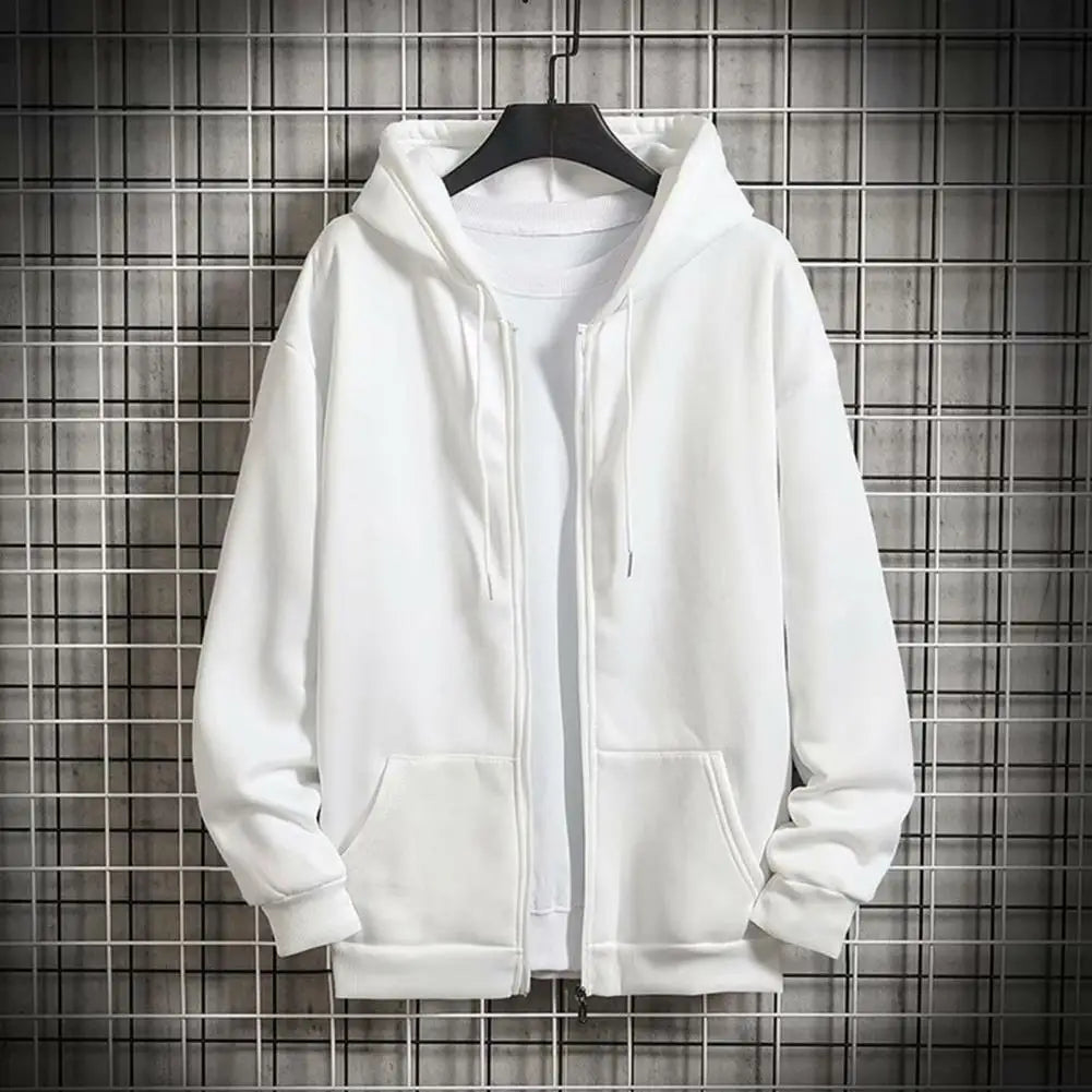 Warm  Chic Pure Color Pocket Winter Coat Zipper Autumn Coat Hat   Men Clothes