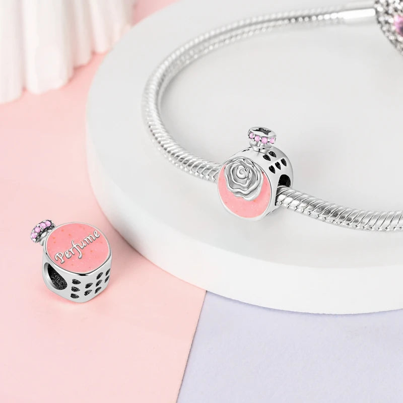 Original S925 Silver Romantic Pink Crown Perfume Bottle Charms Beads Fit Qikaola Bracelets Fine DIY Jewelry Valentine's Day Gift