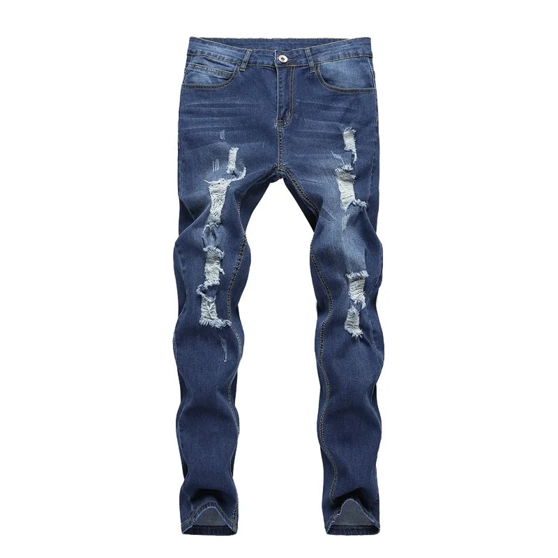 Men Jeans Skinny Ripped Denim Gray Blue Hole with Pocket Button Down Pencil Trousers New Fashion Male Streetwear