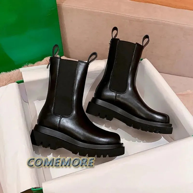 Lady Fur Boots Women's Winter Shoes Chelsea Boots Black Leather Boots Plush Warm Platform Chunky Footwear Fashion Designer Botas