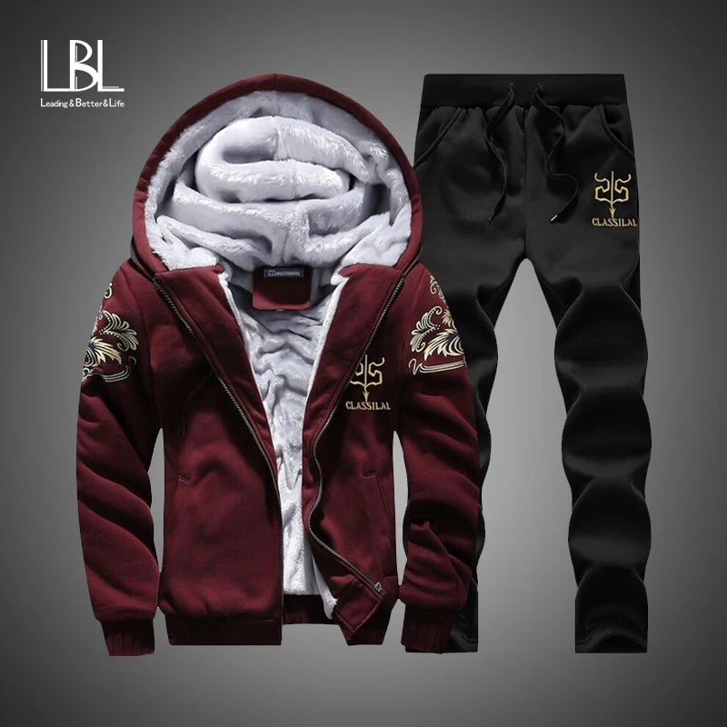 Winter Inner Fleece Hoodies Men 2023 Casual Hooded Warm Sweatshirts Male Thicken Tracksuit 2PC Jacket+Pant Men Moleton Masculino