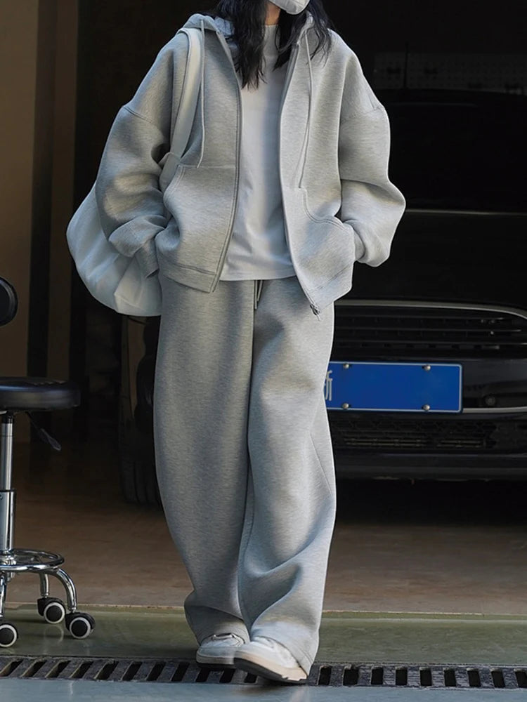 [LANMREM] Minimalism Solid Hooded Cardigan Sweatshirt For Women Drawstring Zipper Long Sleeve Loose Jackets 2025 Autumn New