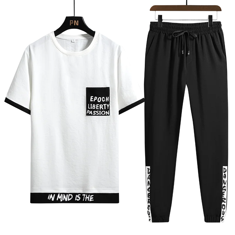 Men's Sets Hip hop Clothes Streetwear Spring Summer Outfit Male T-shirt + Pants Two Pieces Fashion Set Casual Pullover Plus Size