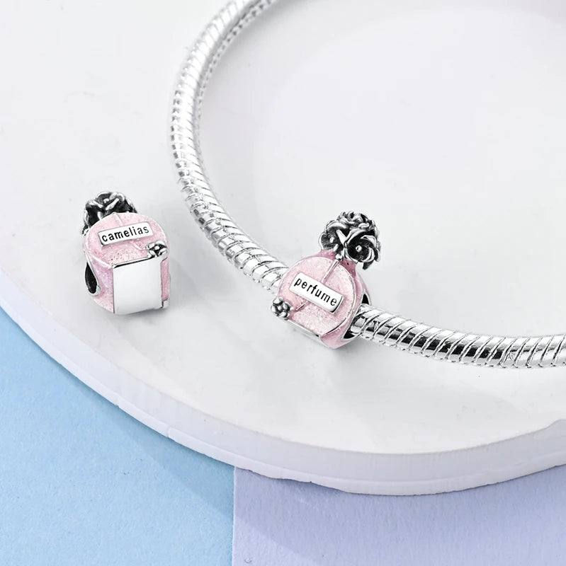 Original S925 Silver Romantic Pink Crown Perfume Bottle Charms Beads Fit Qikaola Bracelets Fine DIY Jewelry Valentine's Day Gift