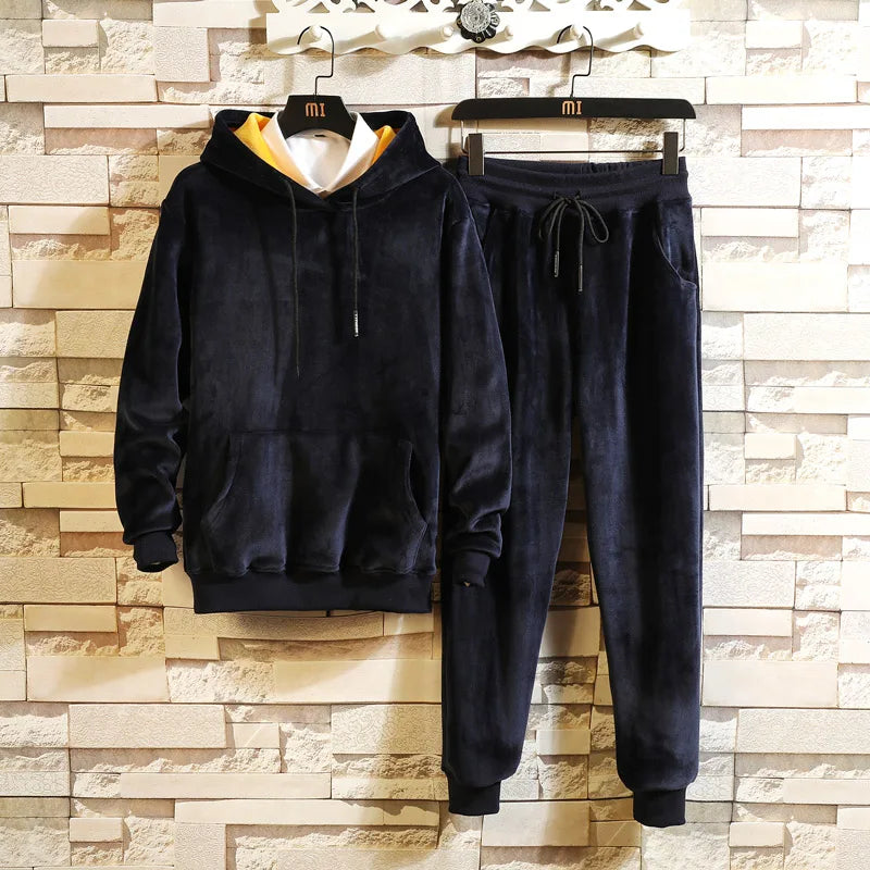 Men's Winter Warm Suit New Leisure Gold Velvet Hoodies with Pants Two Piece Double-Dided Velvet Tracksuit