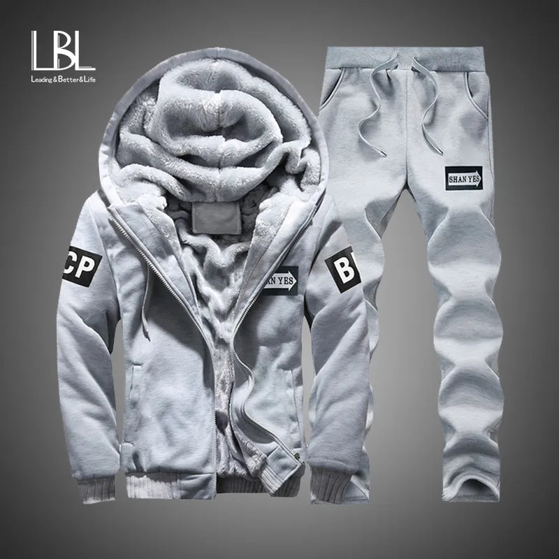 Winter Inner Fleece Hoodies Men 2023 Casual Hooded Warm Sweatshirts Male Thicken Tracksuit 2PC Jacket+Pant Men Moleton Masculino
