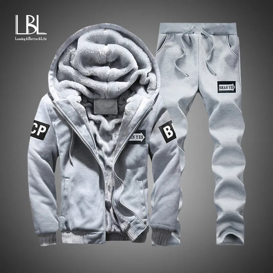 Winter Inner Fleece Hoodies Men 2023 Casual Hooded Warm Sweatshirts Male Thicken Tracksuit 2PC Jacket+Pant Men Moleton Masculino