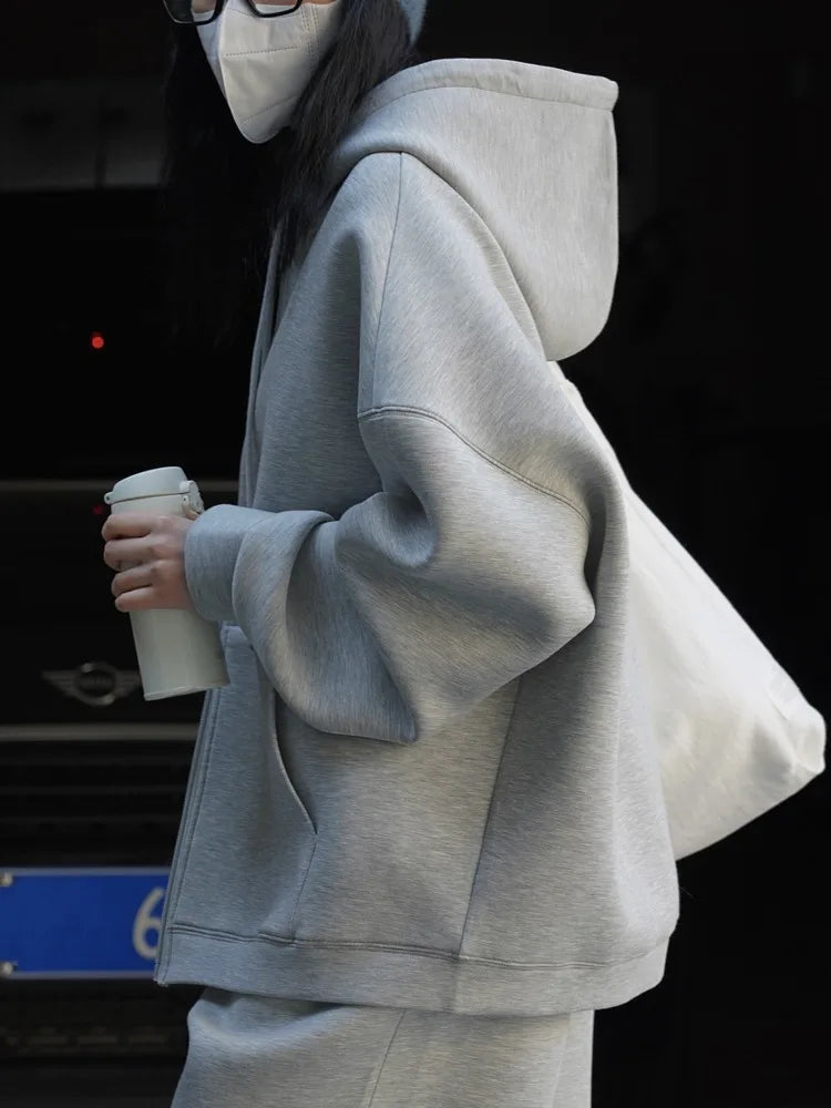 [LANMREM] Minimalism Solid Hooded Cardigan Sweatshirt For Women Drawstring Zipper Long Sleeve Loose Jackets 2025 Autumn New
