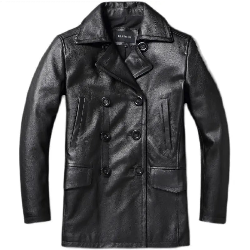 Free shipping.7Xl plus autumn man Trench leather Jacket,men's genuine Leather coat.black cowhide windcoat.long leather cloth