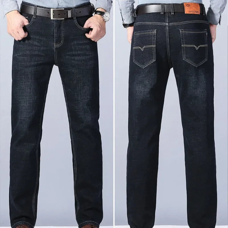 Winter Warm Jeans for Men Thicken Loose Baggy Jeans Pants Black Blue Casual Trousers Men's Clothing