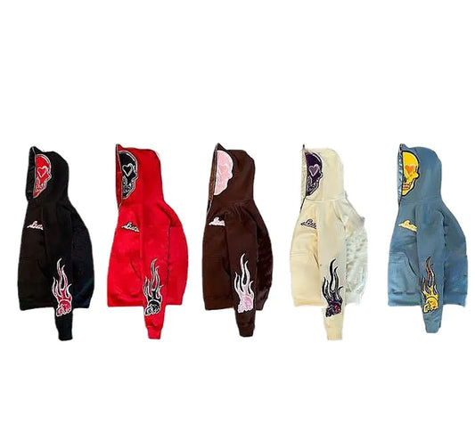 Vintage Skull Print Streetwear Zipper Hoodie Women's Harajuku Style Sweatshirt Oversized Hooded Jacket Gothic Loose Streetwear