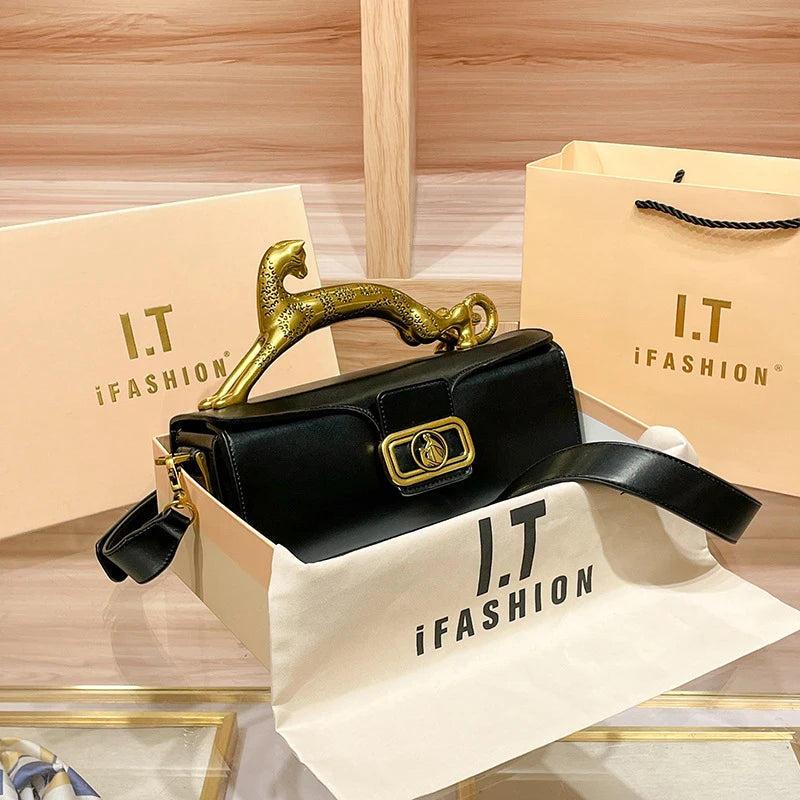 Luxury Brand Leopard Handle Women's Handbag Designer Real Leather Crossbody Shoulder Bag 2023 Ladies Cowhide Versatile Hand Bags