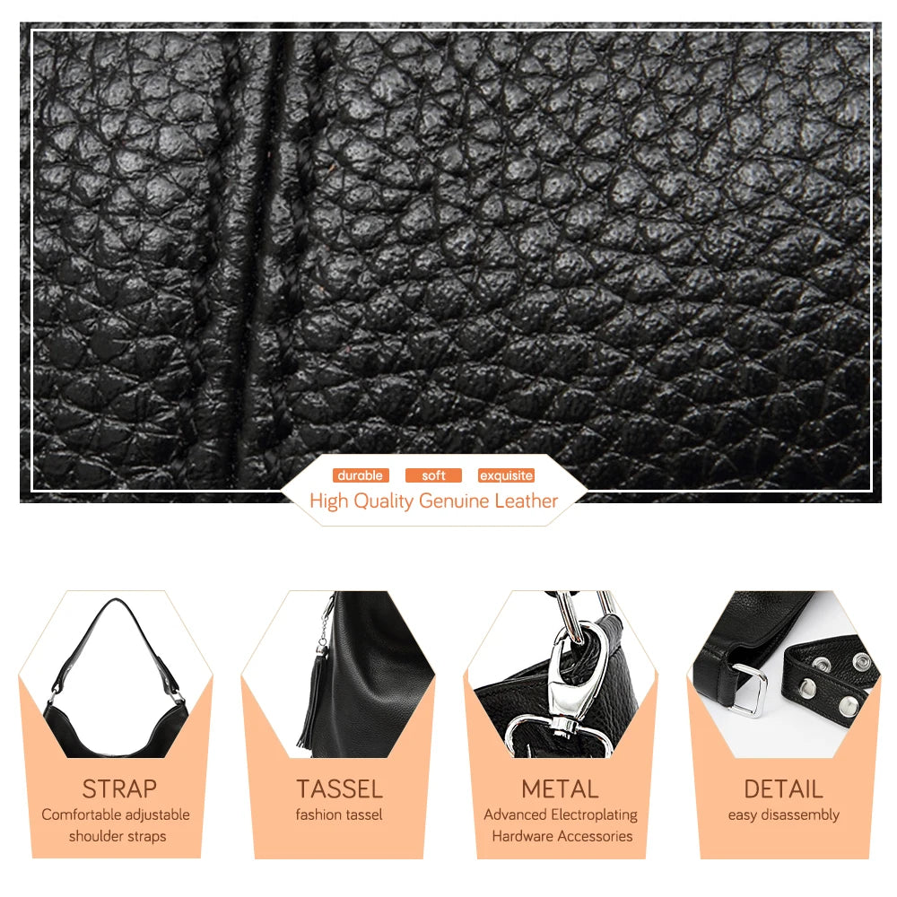 Zency Women Genuine Leather Handbag Black Off White 2023 Casual Shoulder Bag Elegant Brown Crossbody Hobo Bag For Shopper Bolsa