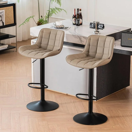 Khaki Bar Stools Set of 2 Counter Height Bar Stool with Back, PU Leather Upholstered Barstools Modern Adjustable Swivel Bar Cha