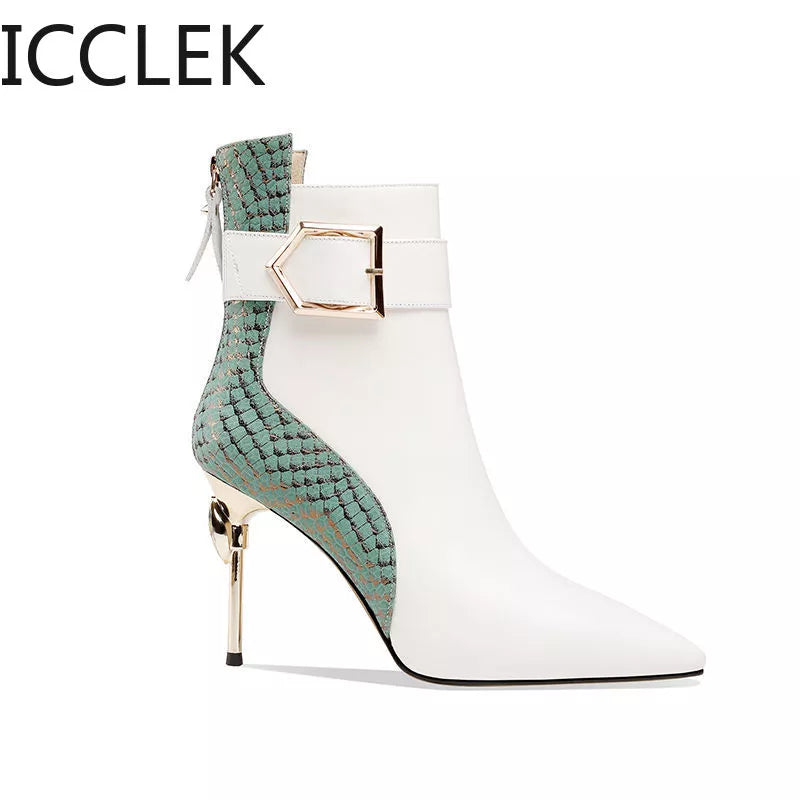 Winter Black Soft Leather Women's Boots Retro Belt Buckle Pointed Toe  Boots Side Zipper High Heels Shoes for Women Party