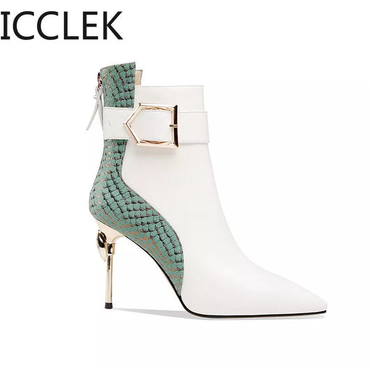 Winter Black Soft Leather Women's Boots Retro Belt Buckle Pointed Toe  Boots Side Zipper High Heels Shoes for Women Party