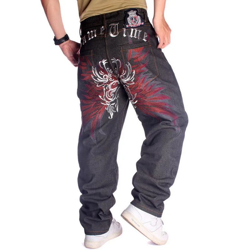 Mens Jeans Top Rushed Stripe Loose Hip Hop Jeans Men Printed Hiphop Demin Pants Tide Trousers Embroidered Flower Wings