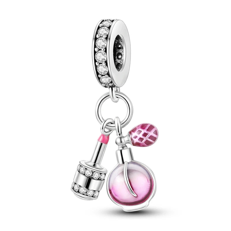 Original S925 Silver Romantic Pink Crown Perfume Bottle Charms Beads Fit Qikaola Bracelets Fine DIY Jewelry Valentine's Day Gift