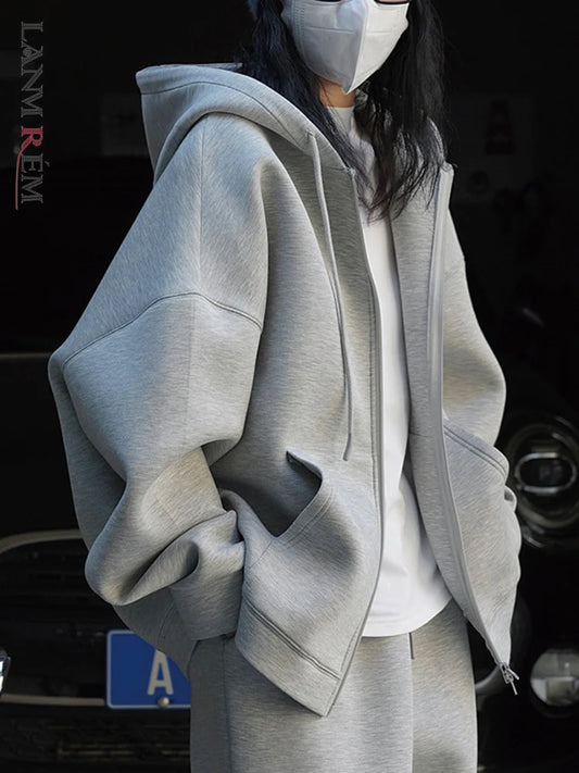 [LANMREM] Minimalism Solid Hooded Cardigan Sweatshirt For Women Drawstring Zipper Long Sleeve Loose Jackets 2025 Autumn New