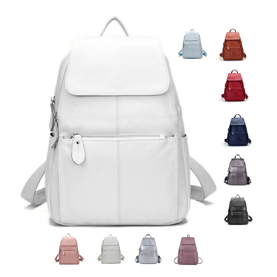 Excellent 100% Genuine Leather Beige White Yellow Silver Women Backpack Top Layer Cowhide School Book Shopping Bag Knapsack
