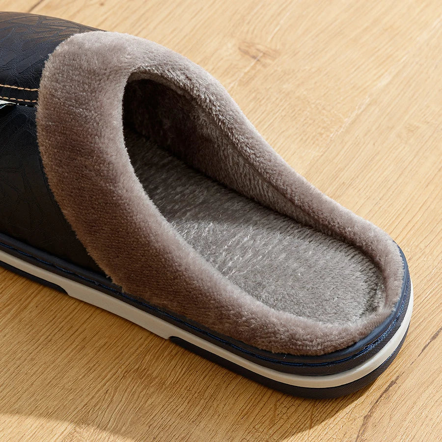 Big Size Men's slippers Winter Indoor Waterproof PU Leather Large Sizes Home Cotton shoes Fur Flat Cotton Bedroom Houseshoes