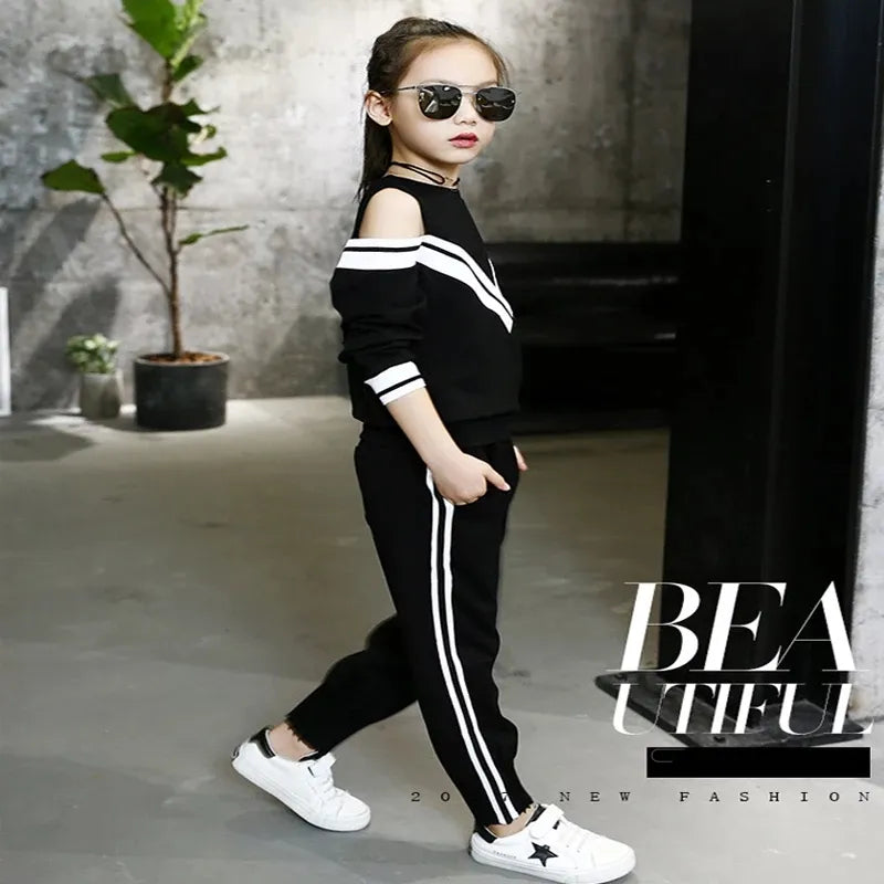 Fashion Big Girls Sports Suits Off Shoulder Black and White Clothing Set for Teenage Autumn Tracksuit Kids Plus Size Sportswear
