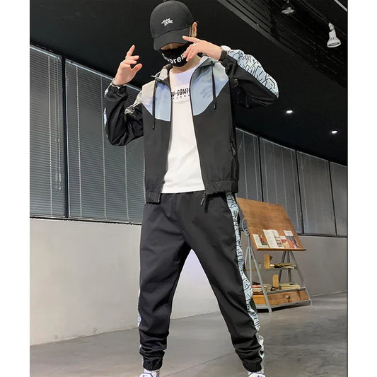 2023 Hip Hop Workwear jacket Mens Tracksuit Jacket+Pants 2PC Sets baseball loose Zipper Ribbons Coat & Long Pants Mens Clothes