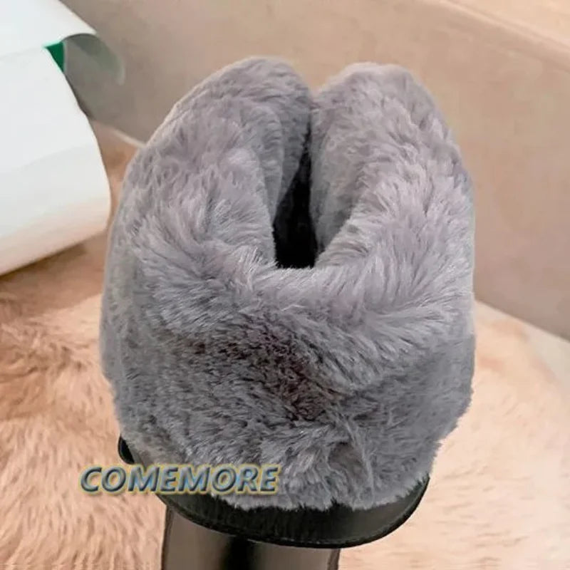 Lady Fur Boots Women's Winter Shoes Chelsea Boots Black Leather Boots Plush Warm Platform Chunky Footwear Fashion Designer Botas